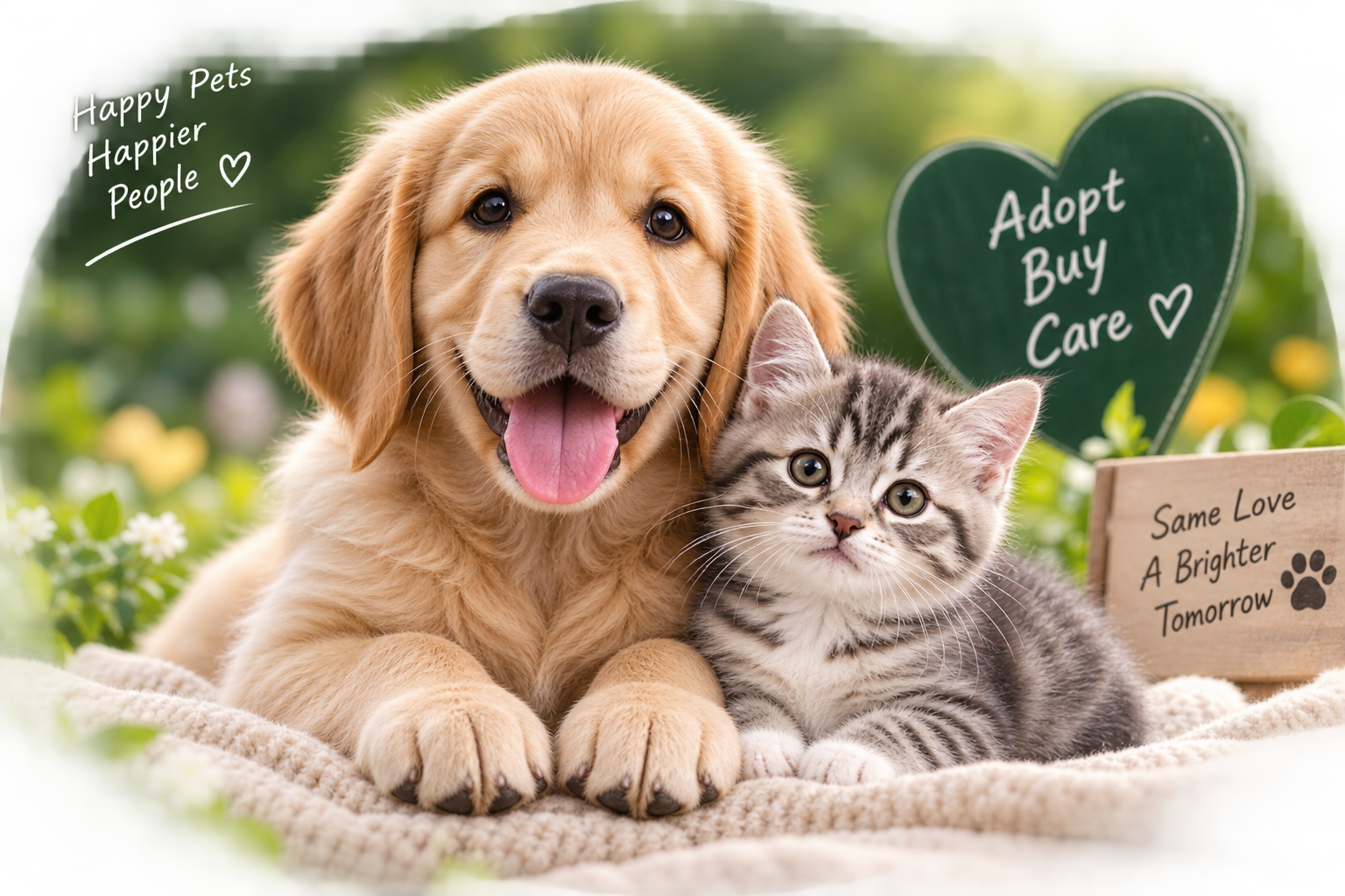 Golden retriever puppy and kitten